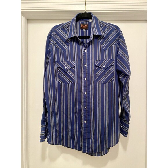 VINTAGE Plains Western Wear Shirt Men's Medium Long Sleeved Striped Pearl Snap - Picture 1 of 7